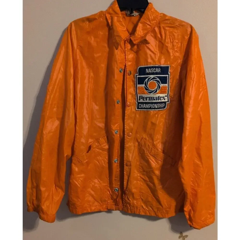 Vintage 1970s Permatex Racing Jacket Size Large Hi-Vis Orange Snap Buttons EUC